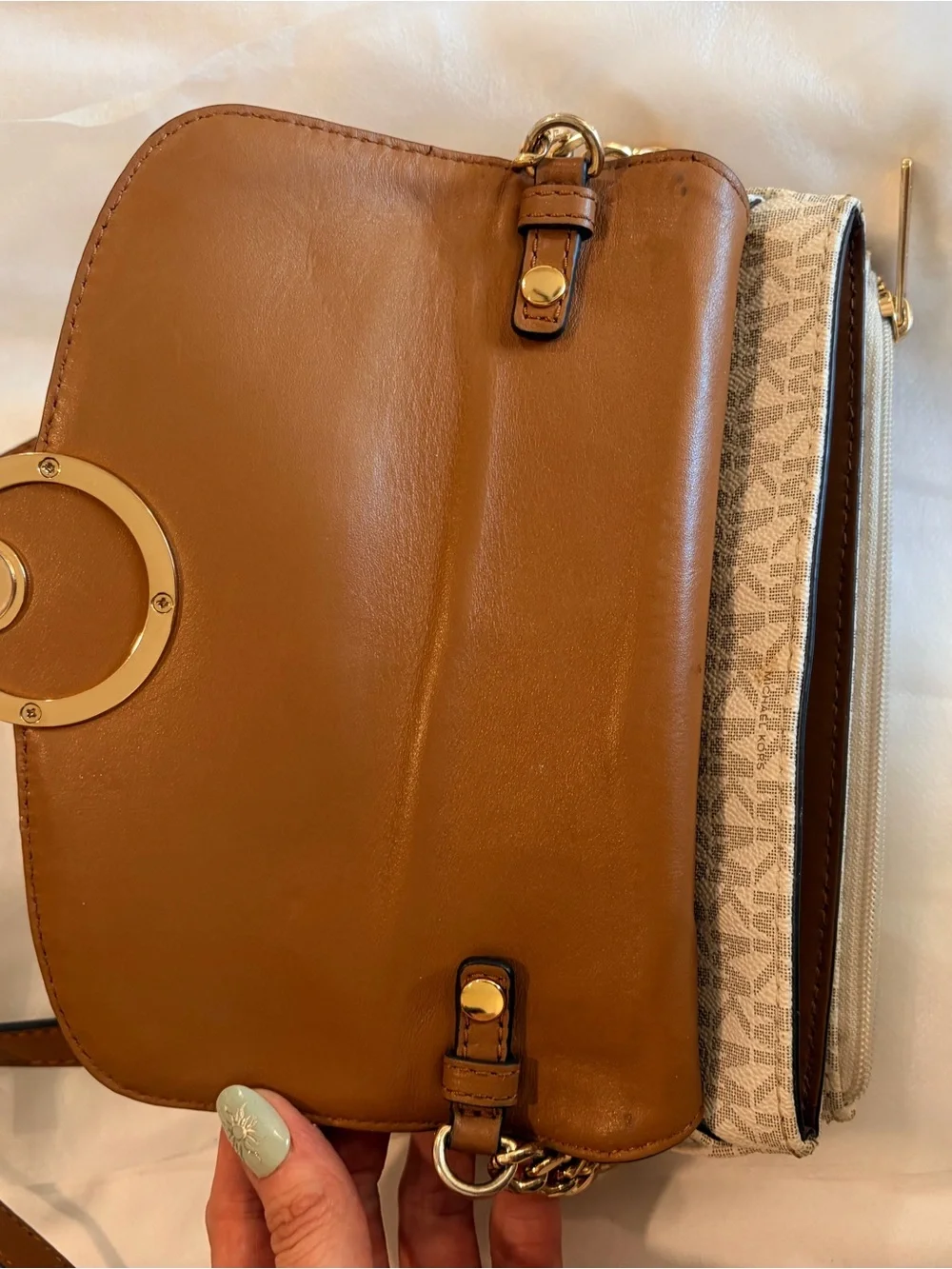 Michael Kors White and Brown Logo Crossbody with Gold MK Medallion